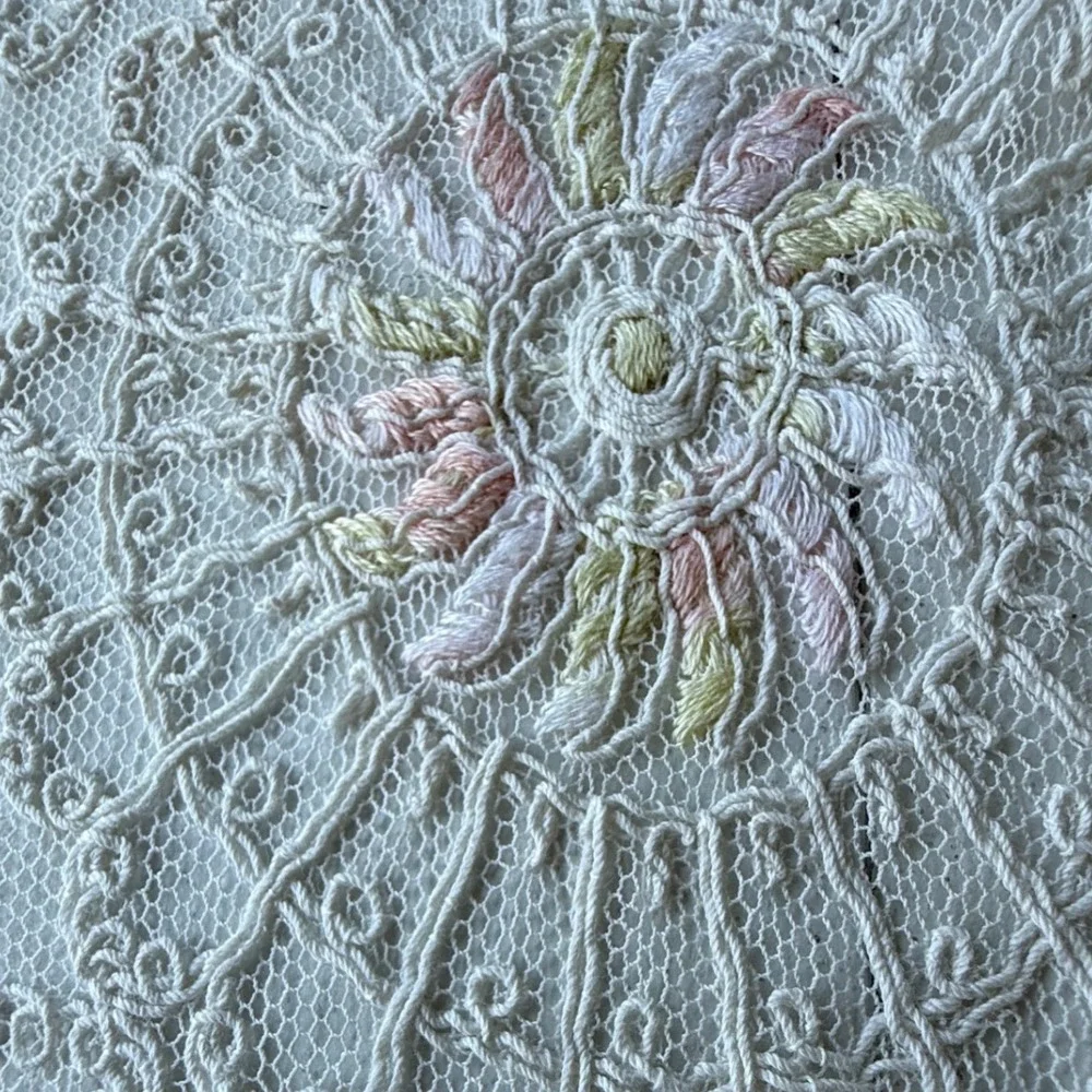 Vintage Embroidered Lace Table Runner Floral Pastel Cream 36x11